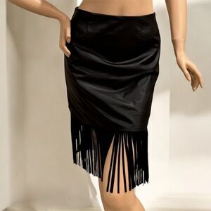 BABYLONE Black Fringe Faux Leather Mini Skirt Size 38 (Approx. S/M)